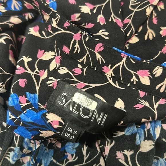 Saloni The Tyra Mini Dress Pure Silk Ruffled Drop Waist Floral Black Blue US 12 - Picture 11 of 13